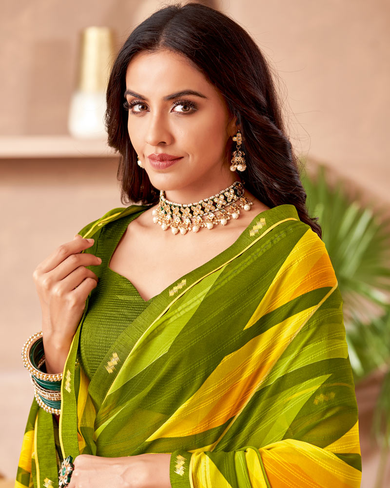 Vishal Prints Mehandi Green Printed Patterned Georgette Saree With Fancy Border