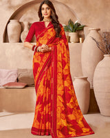 Vishal Prints Orangish Red Printed Patterned Georgette Saree With Fancy Border