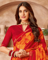 Vishal Prints Orangish Red Printed Patterned Georgette Saree With Fancy Border