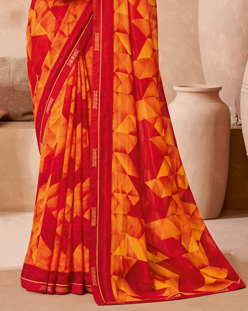 Vishal Prints Orangish Red Printed Patterned Georgette Saree With Fancy Border