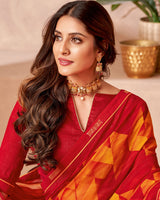 Vishal Prints Orangish Red Printed Patterned Georgette Saree With Fancy Border