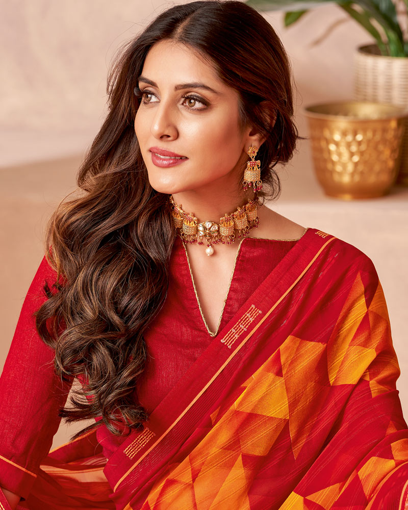 Vishal Prints Orangish Red Printed Patterned Georgette Saree With Fancy Border