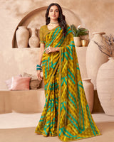 Vishal Prints Olive Yellow Printed Patterned Georgette Saree With Fancy Border