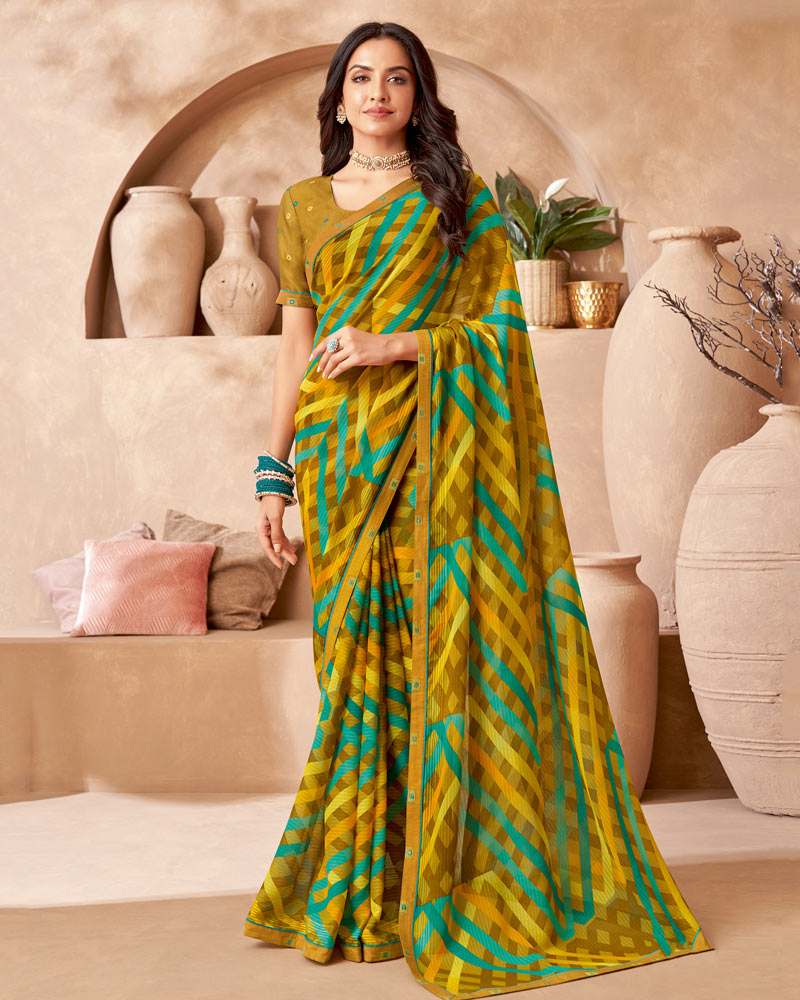Vishal Prints Olive Yellow Printed Patterned Georgette Saree With Fancy Border