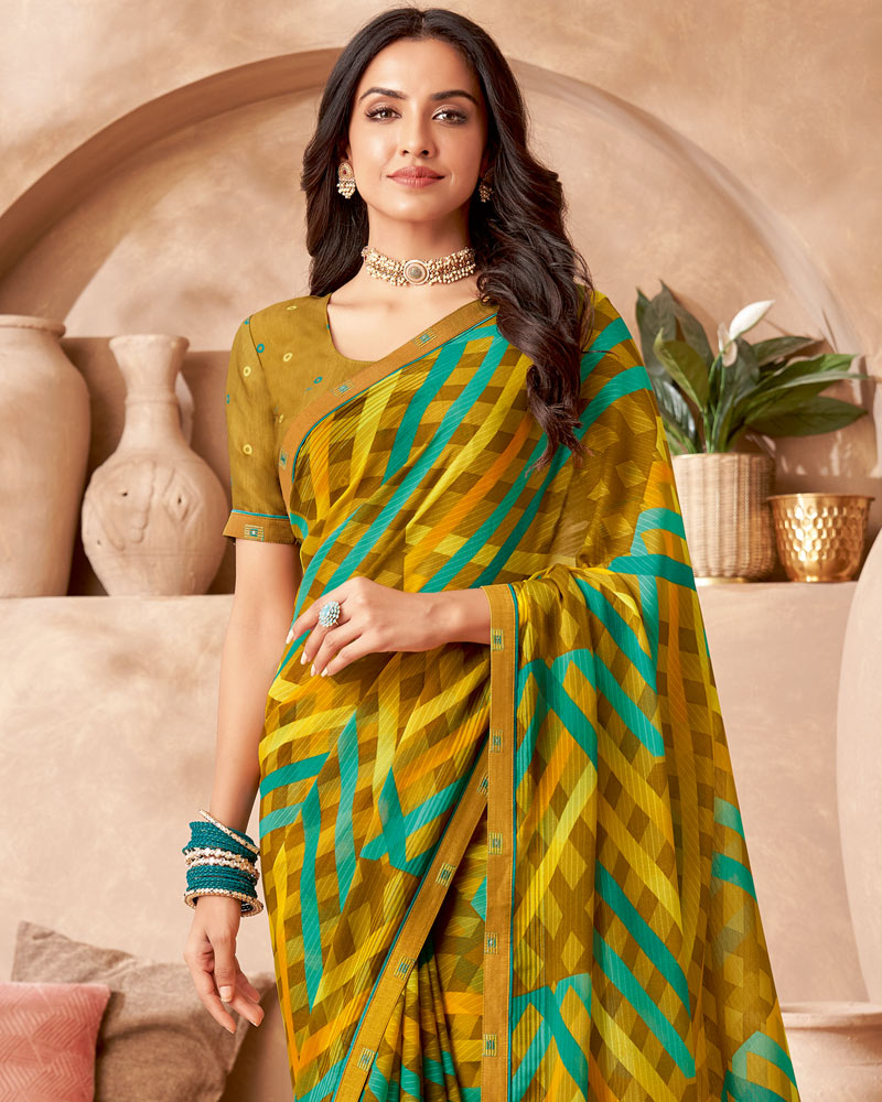 Vishal Prints Olive Yellow Printed Patterned Georgette Saree With Fancy Border