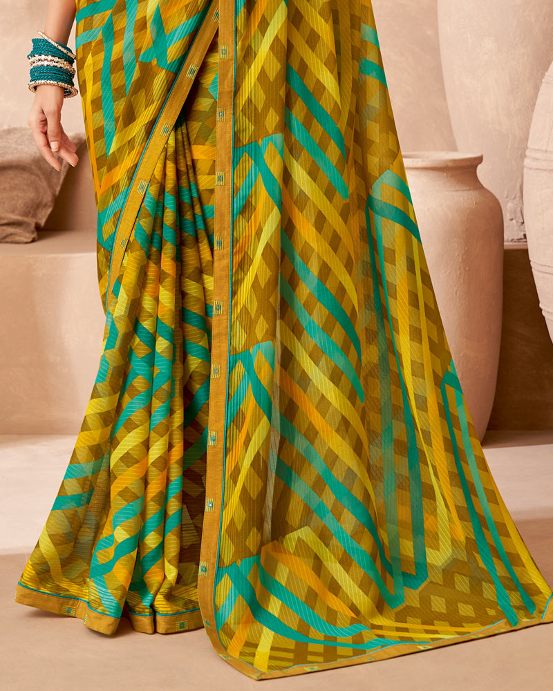 Vishal Prints Olive Yellow Printed Patterned Georgette Saree With Fancy Border