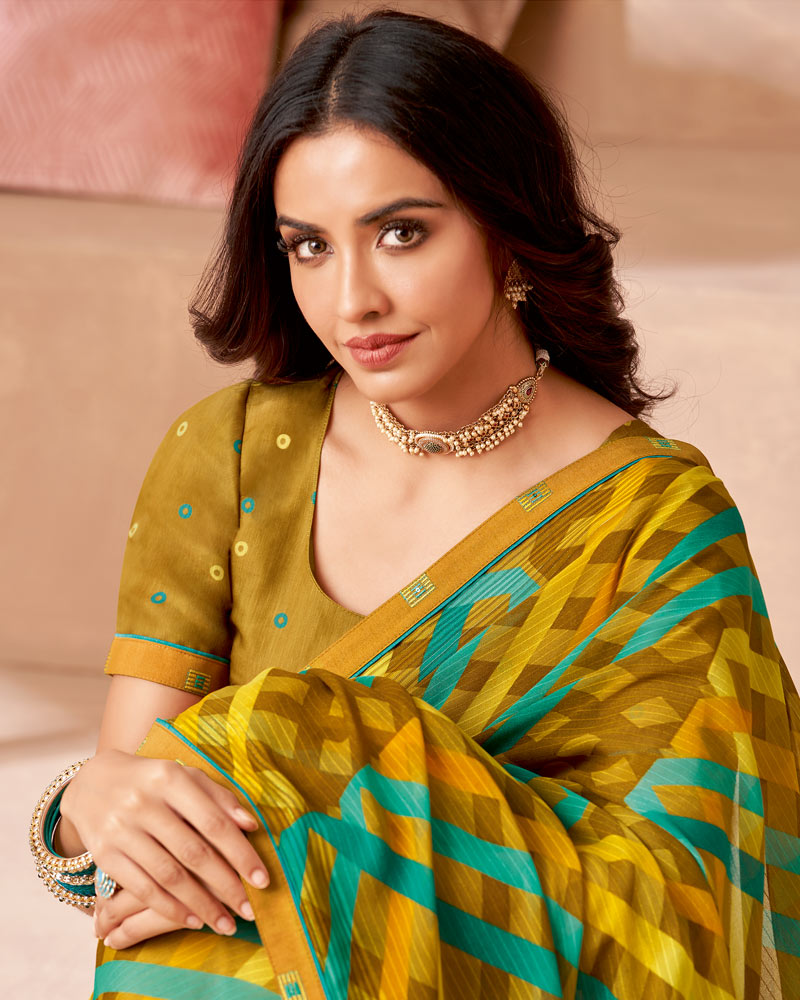 Vishal Prints Olive Yellow Printed Patterned Georgette Saree With Fancy Border