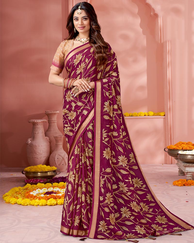 Vishal Prints Purple Wine Digital Print Criva Crepe Saree With Weaved Viscose Patta And Tassel