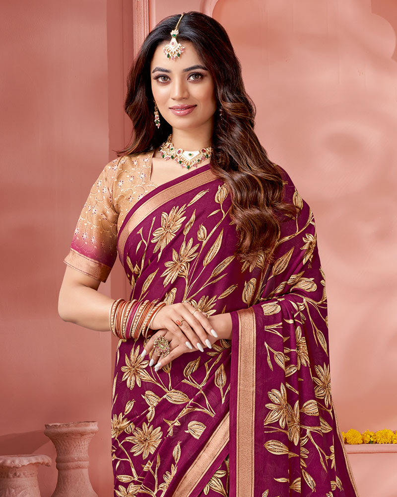 Vishal Prints Purple Wine Digital Print Criva Crepe Saree With Weaved Viscose Patta And Tassel