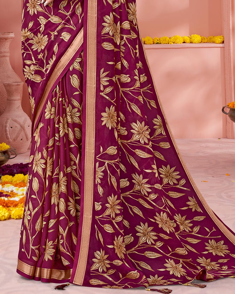 Vishal Prints Purple Wine Digital Print Criva Crepe Saree With Weaved Viscose Patta And Tassel