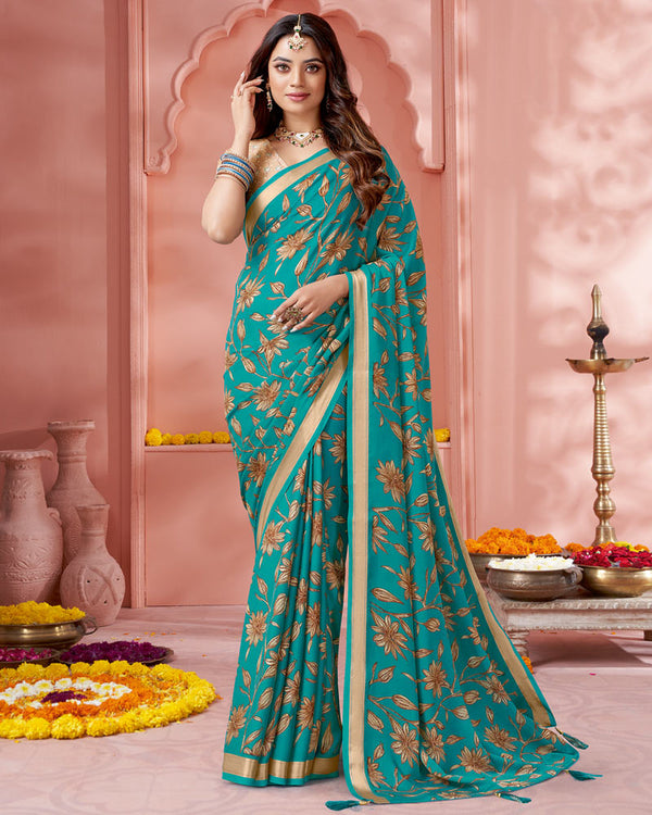 Vishal Prints Persian Green Digital Print Criva Crepe Saree With Weaved Viscose Patta And Tassel