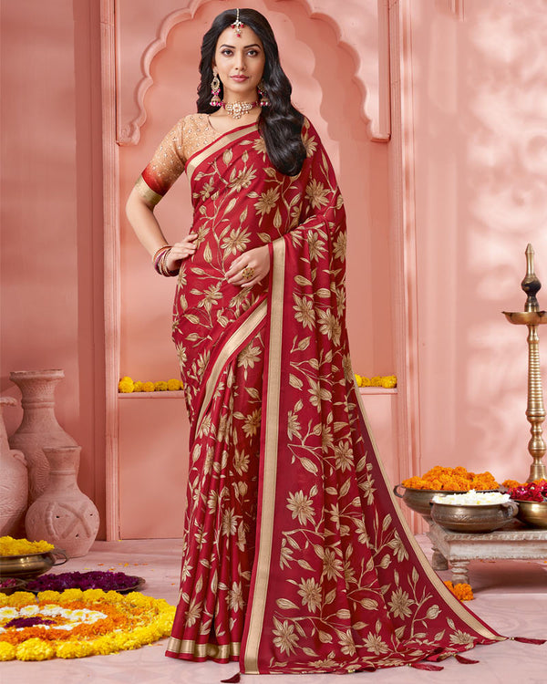 Vishal Prints Paprika Red Digital Print Criva Crepe Saree With Weaved Viscose Patta And Tassel