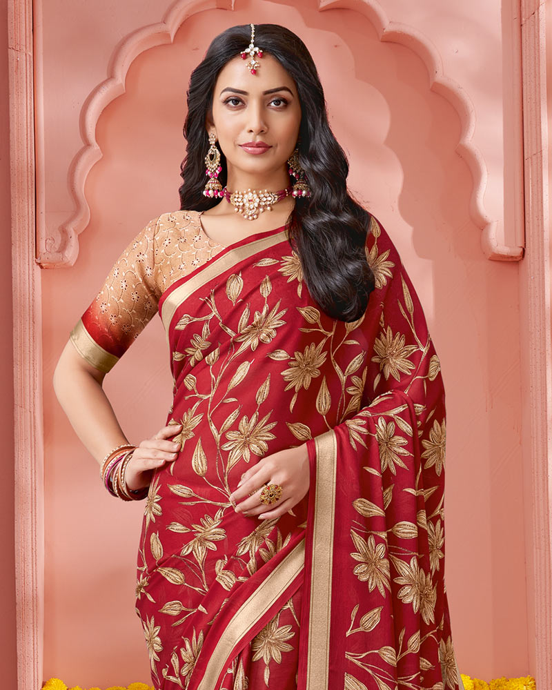 Vishal Prints Paprika Red Digital Print Criva Crepe Saree With Weaved Viscose Patta And Tassel
