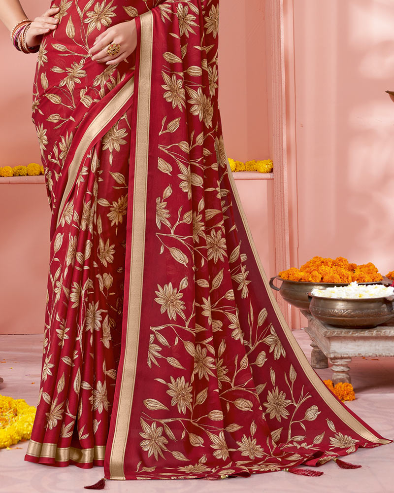 Vishal Prints Paprika Red Digital Print Criva Crepe Saree With Weaved Viscose Patta And Tassel