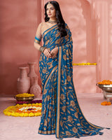 Vishal Prints Regal Blue Digital Print Criva Crepe Saree With Weaved Viscose Patta And Tassel