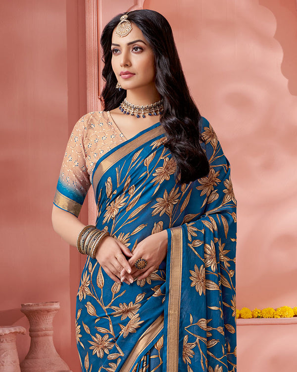 Vishal Prints Regal Blue Digital Print Criva Crepe Saree With Weaved Viscose Patta And Tassel
