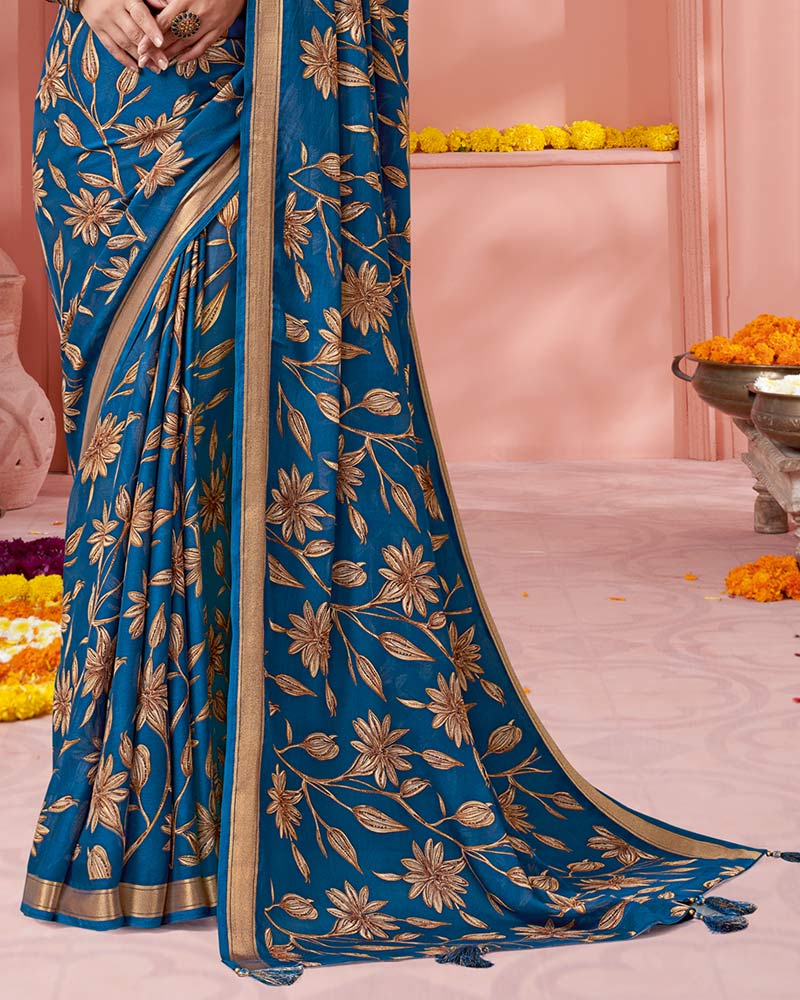 Vishal Prints Regal Blue Digital Print Criva Crepe Saree With Weaved Viscose Patta And Tassel