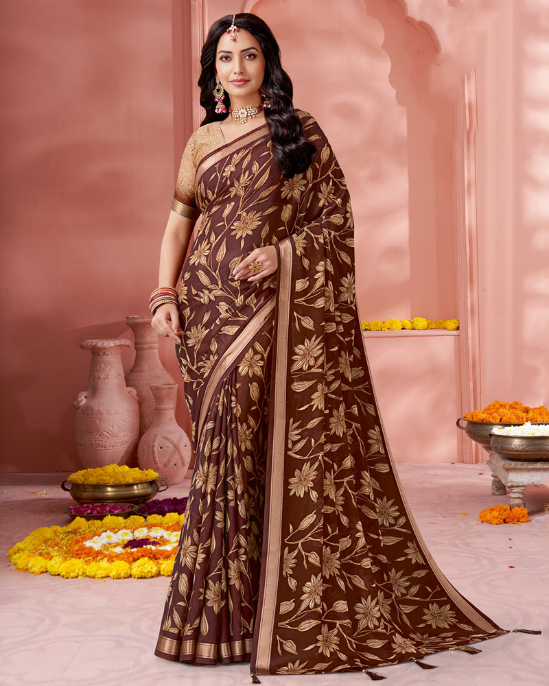 Vishal Prints Coffee Brown Digital Print Criva Crepe Saree With Weaved Viscose Patta And Tassel