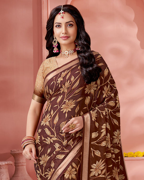 Vishal Prints Coffee Brown Digital Print Criva Crepe Saree With Weaved Viscose Patta And Tassel