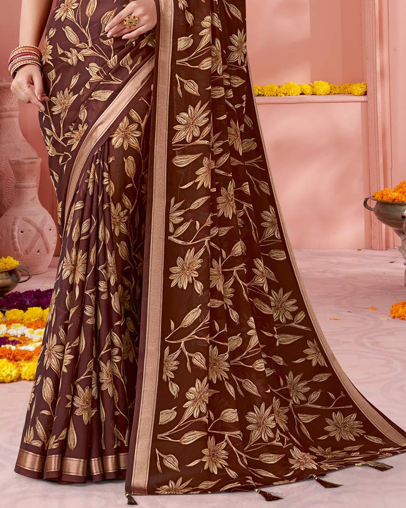 Vishal Prints Coffee Brown Digital Print Criva Crepe Saree With Weaved Viscose Patta And Tassel