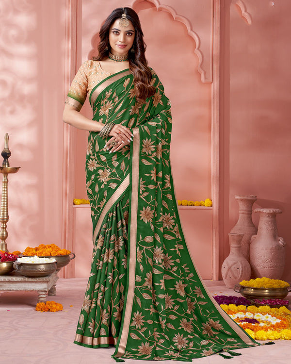 Vishal Prints Forest Green Digital Print Criva Crepe Saree With Weaved Viscose Patta And Tassel