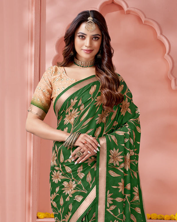 Vishal Prints Forest Green Digital Print Criva Crepe Saree With Weaved Viscose Patta And Tassel