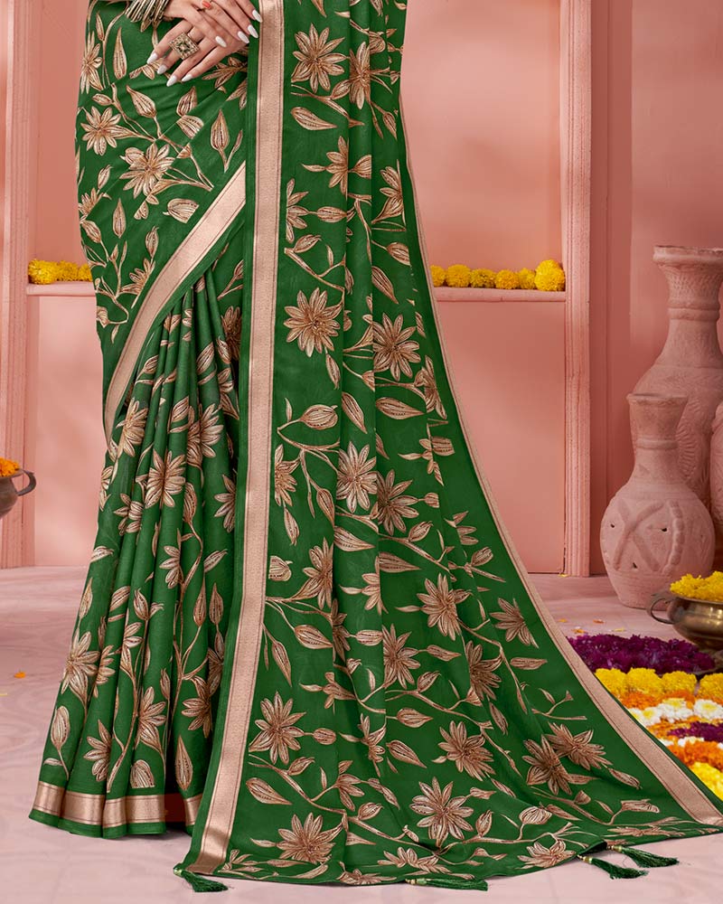 Vishal Prints Forest Green Digital Print Criva Crepe Saree With Weaved Viscose Patta And Tassel