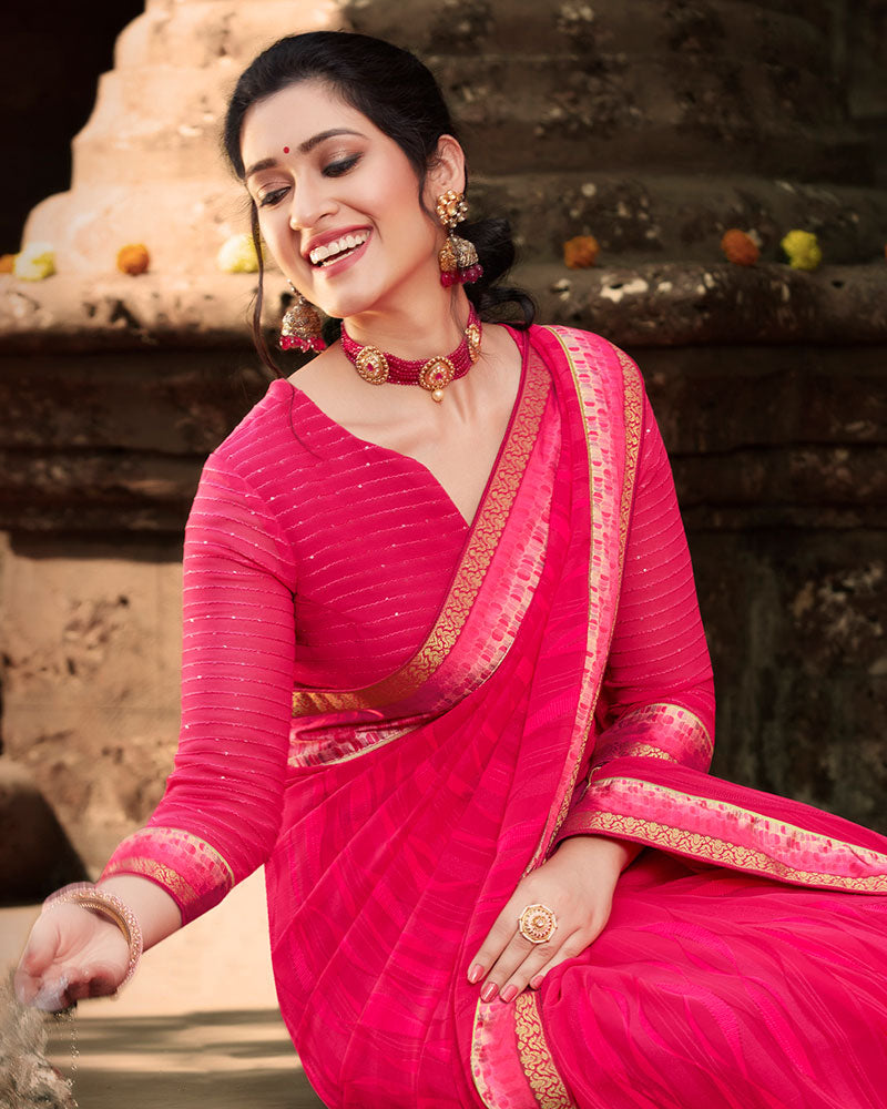 Vishal Prints Dark Pink Printed Georgette Saree With Border