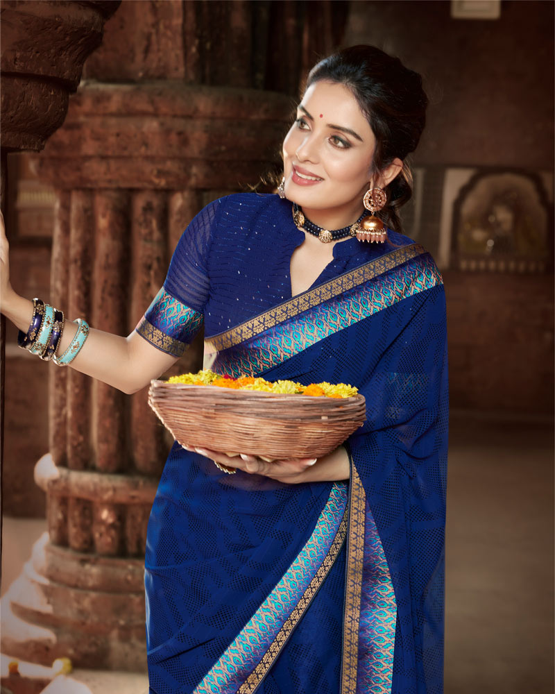 Vishal Prints Dark Blue Printed Georgette Saree With Border
