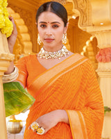 Vishal Prints Yellowish Orange Printed Georgette Saree With Fancy Border