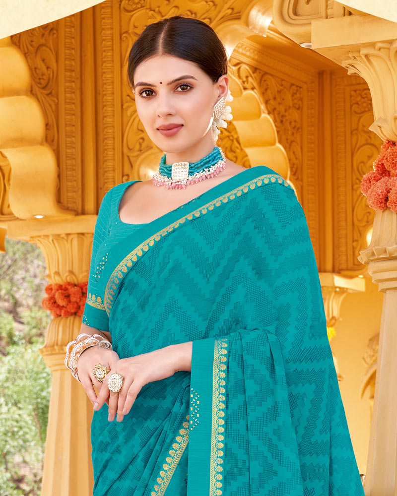 Vishal Prints Dark Turquoise Blue Printed Georgette Saree With Fancy Border