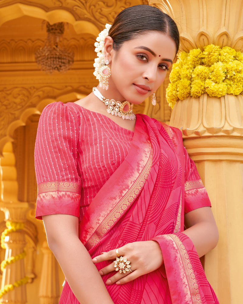 Vishal Prints Red Pink Printed Georgette Saree With Fancy Border