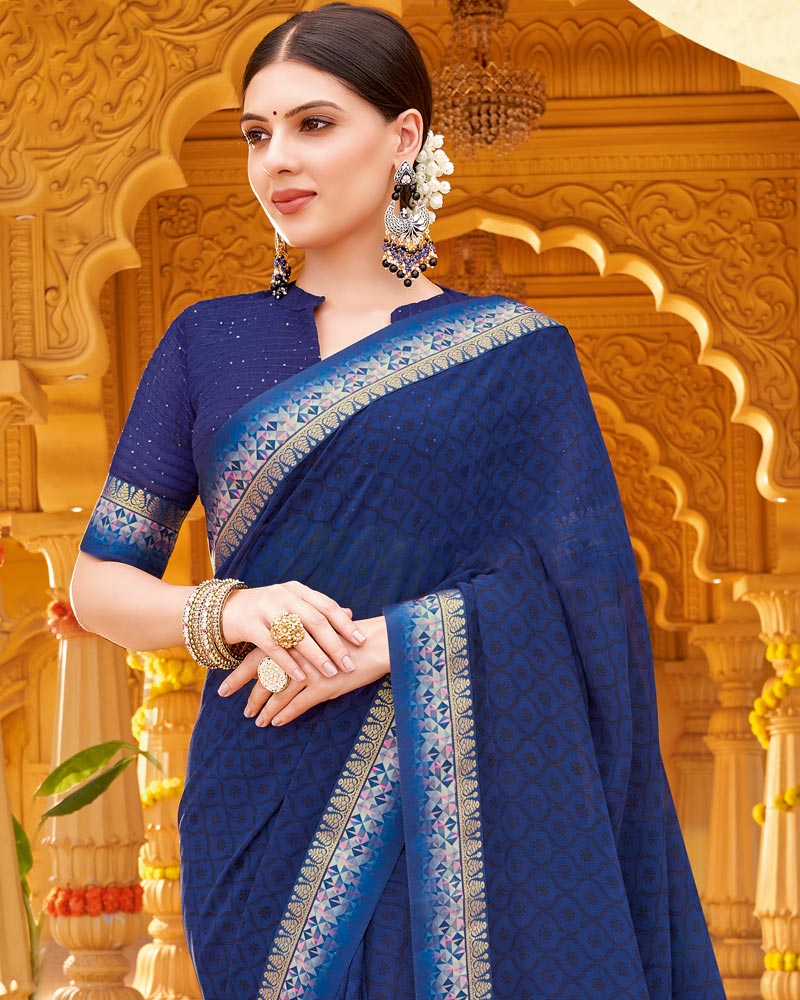 Vishal Prints Navy Blue Printed Georgette Saree With Fancy Border