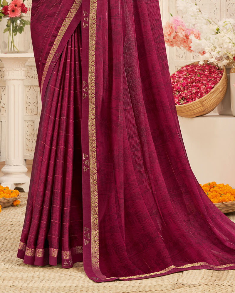 Vishal Prints Claret Pink Printed Patterned Chiffon Saree With Fancy Border