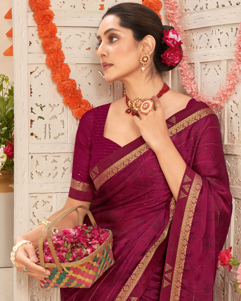 Vishal Prints Claret Pink Printed Patterned Chiffon Saree With Fancy Border