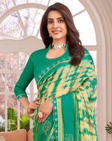 Vishal Prints Jade Green Designer Patterned Chiffon Digital Print Saree With Diamond Work And Weaved Viscose Patta