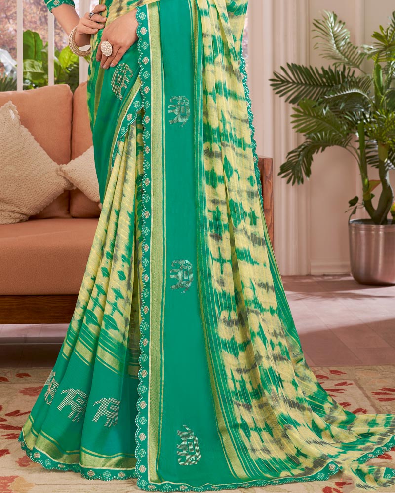 Vishal Prints Jade Green Designer Patterned Chiffon Digital Print Saree With Diamond Work And Weaved Viscose Patta