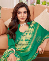Vishal Prints Jade Green Designer Patterned Chiffon Digital Print Saree With Diamond Work And Weaved Viscose Patta