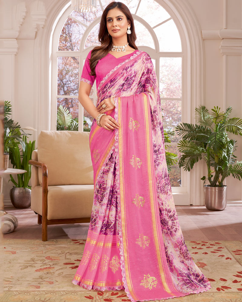 Vishal Prints Deep Blush Pink Designer Patterned Chiffon Digital Print Saree With Diamond Work, Foil Print And Weaved Viscose Patta