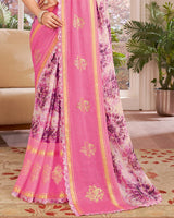 Vishal Prints Deep Blush Pink Designer Patterned Chiffon Digital Print Saree With Diamond Work, Foil Print And Weaved Viscose Patta