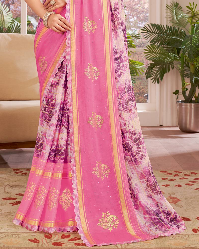 Vishal Prints Deep Blush Pink Designer Patterned Chiffon Digital Print Saree With Diamond Work, Foil Print And Weaved Viscose Patta