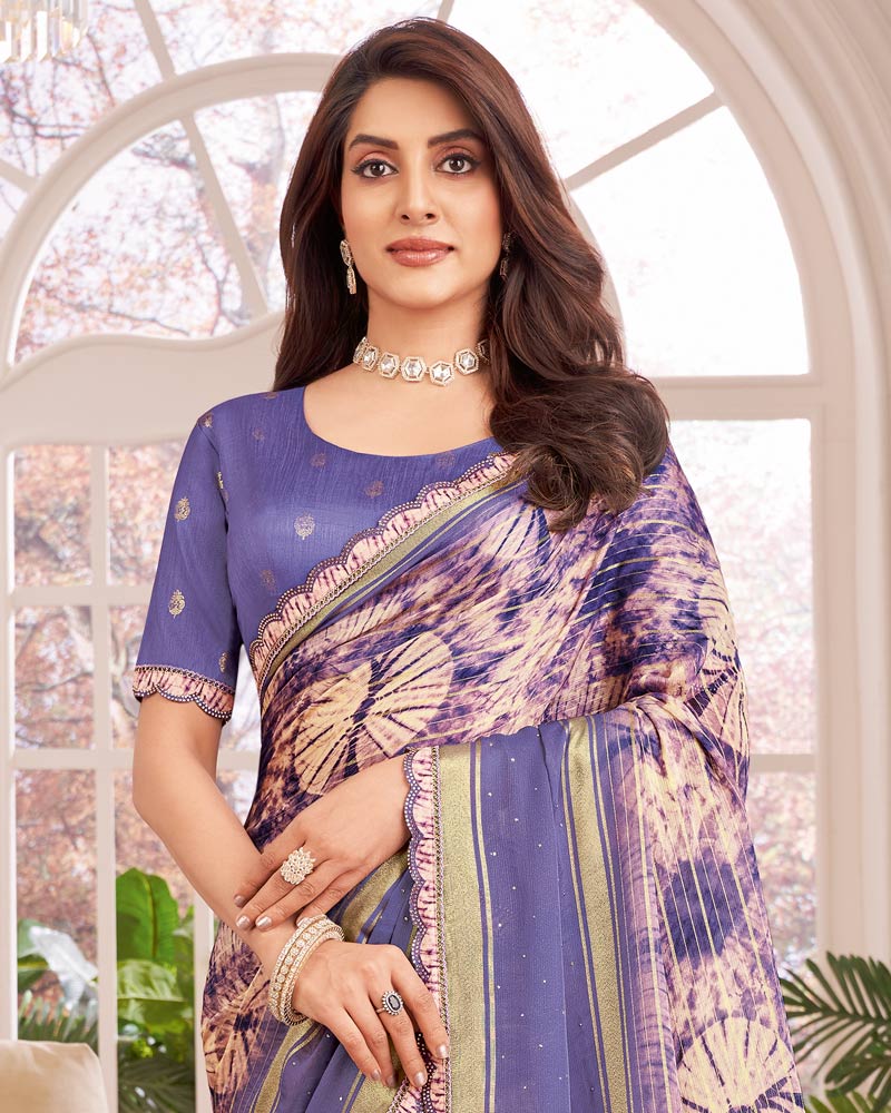 Vishal Prints Dusty Purple Designer Patterned Chiffon Digital Print Saree With Diamond Work And Weaved Viscose Patta