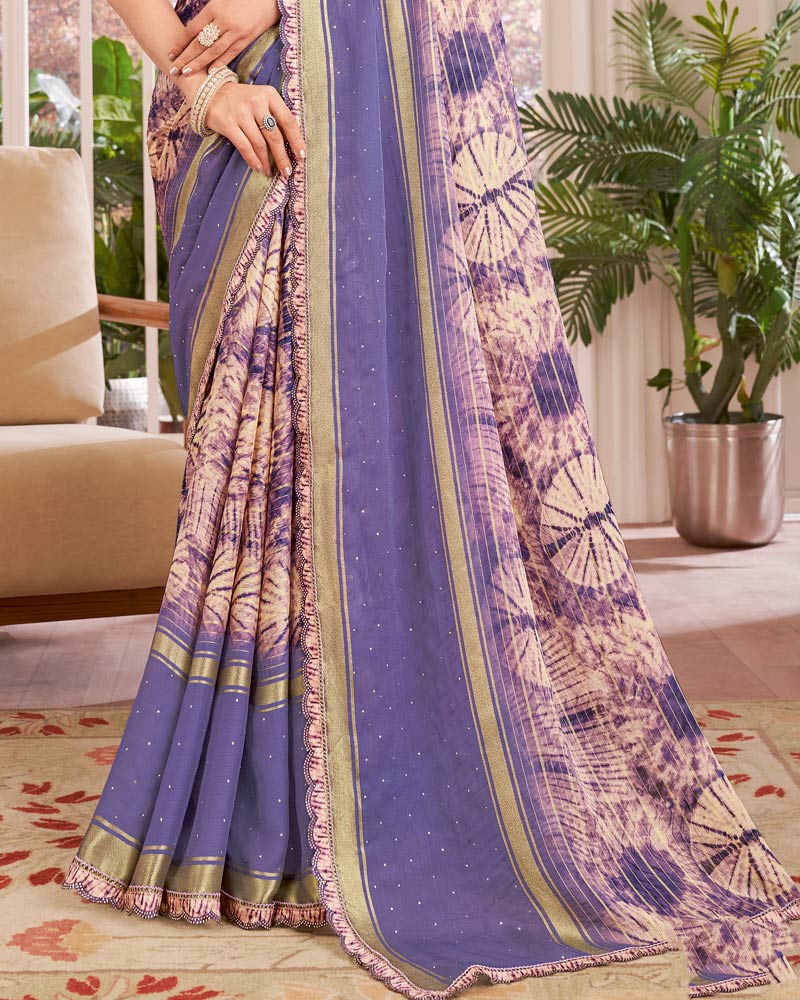 Vishal Prints Dusty Purple Designer Patterned Chiffon Digital Print Saree With Diamond Work And Weaved Viscose Patta