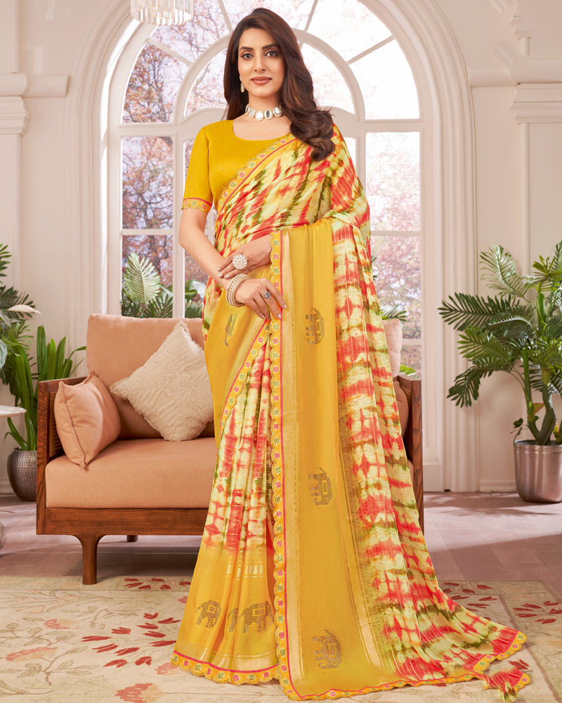 Vishal Prints Cadmium Orange Designer Patterned Chiffon Digital Print Saree With Diamond Work And Weaved Viscose Patta