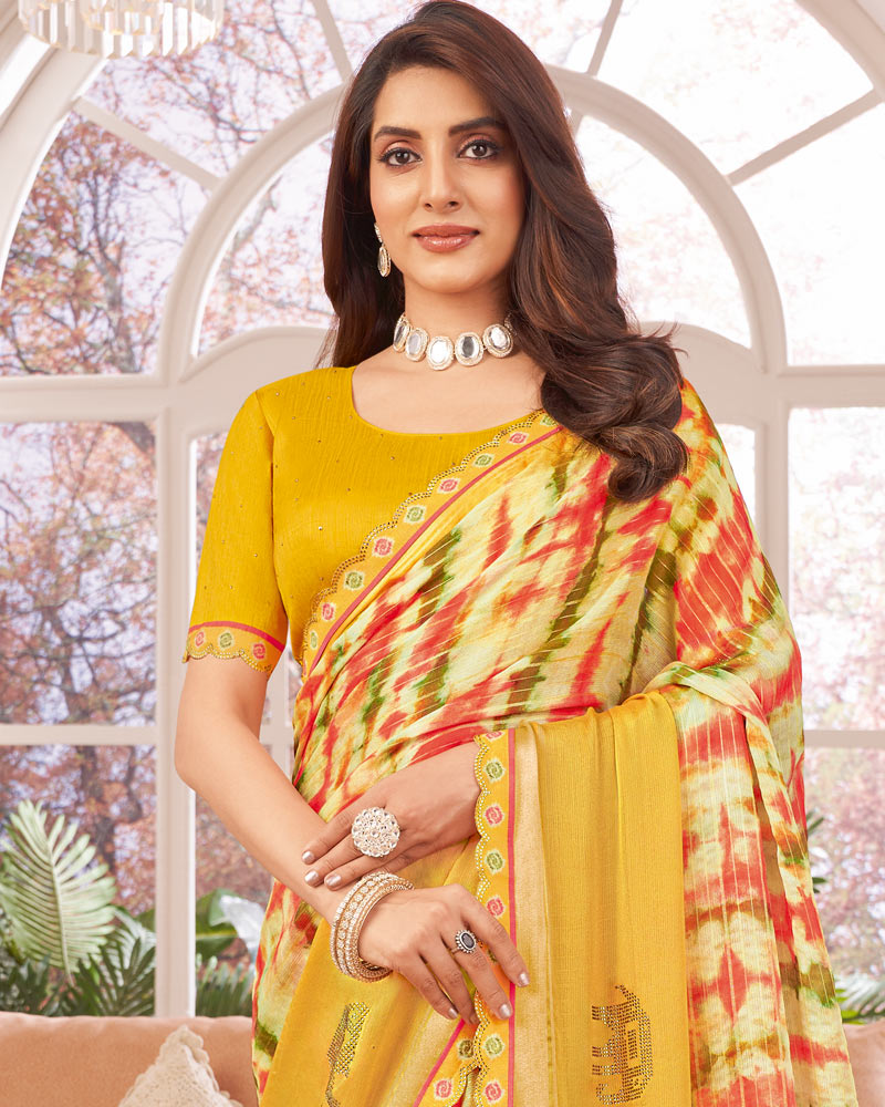 Vishal Prints Cadmium Orange Designer Patterned Chiffon Digital Print Saree With Diamond Work And Weaved Viscose Patta