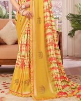 Vishal Prints Cadmium Orange Designer Patterned Chiffon Digital Print Saree With Diamond Work And Weaved Viscose Patta