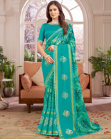 Vishal Prints Persian Green Designer Patterned Chiffon Digital Print Saree With Diamond Work, Foil Print And Weaved Viscose Patta