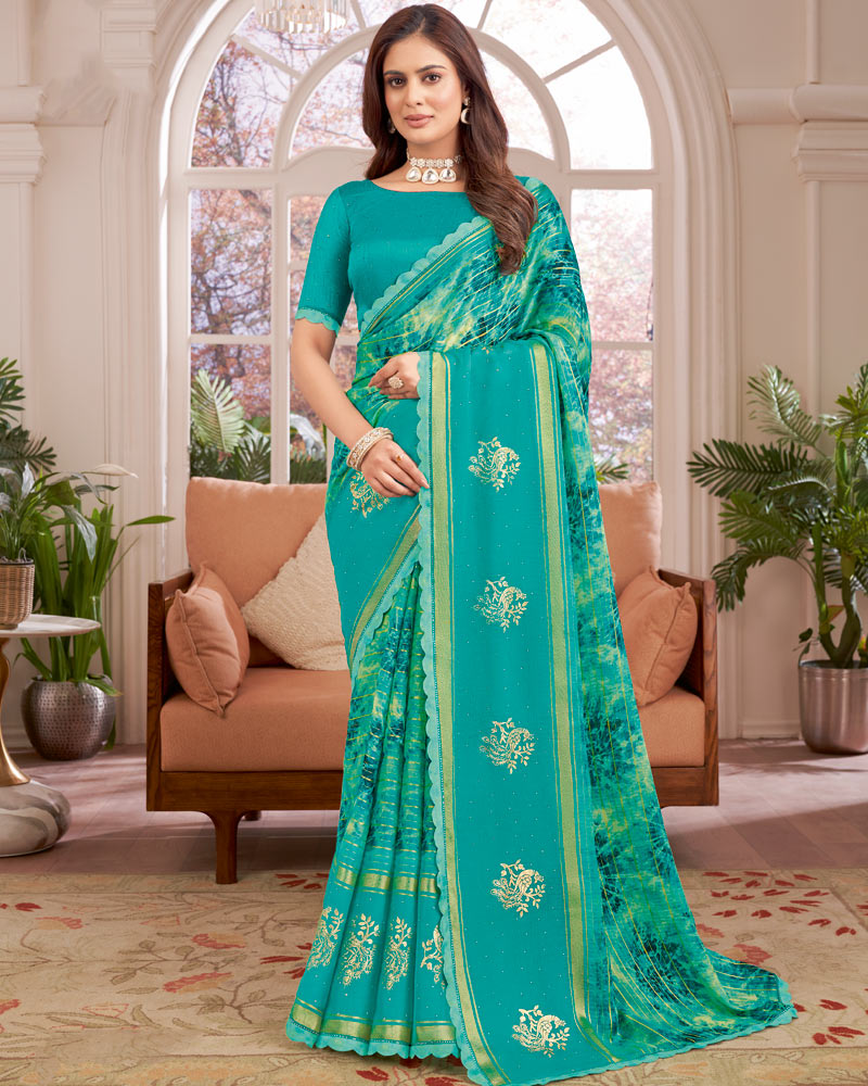 Vishal Prints Persian Green Designer Patterned Chiffon Digital Print Saree With Diamond Work, Foil Print And Weaved Viscose Patta