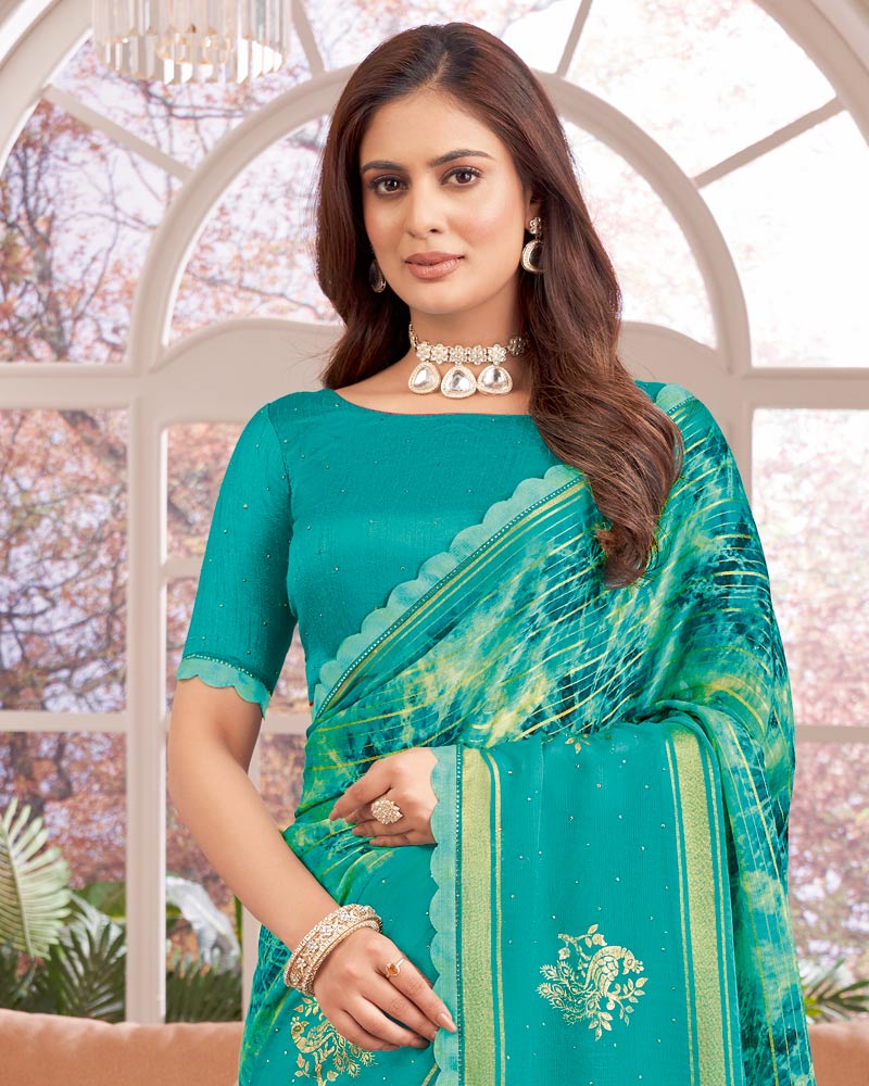 Vishal Prints Persian Green Designer Patterned Chiffon Digital Print Saree With Diamond Work, Foil Print And Weaved Viscose Patta