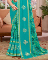 Vishal Prints Persian Green Designer Patterned Chiffon Digital Print Saree With Diamond Work, Foil Print And Weaved Viscose Patta